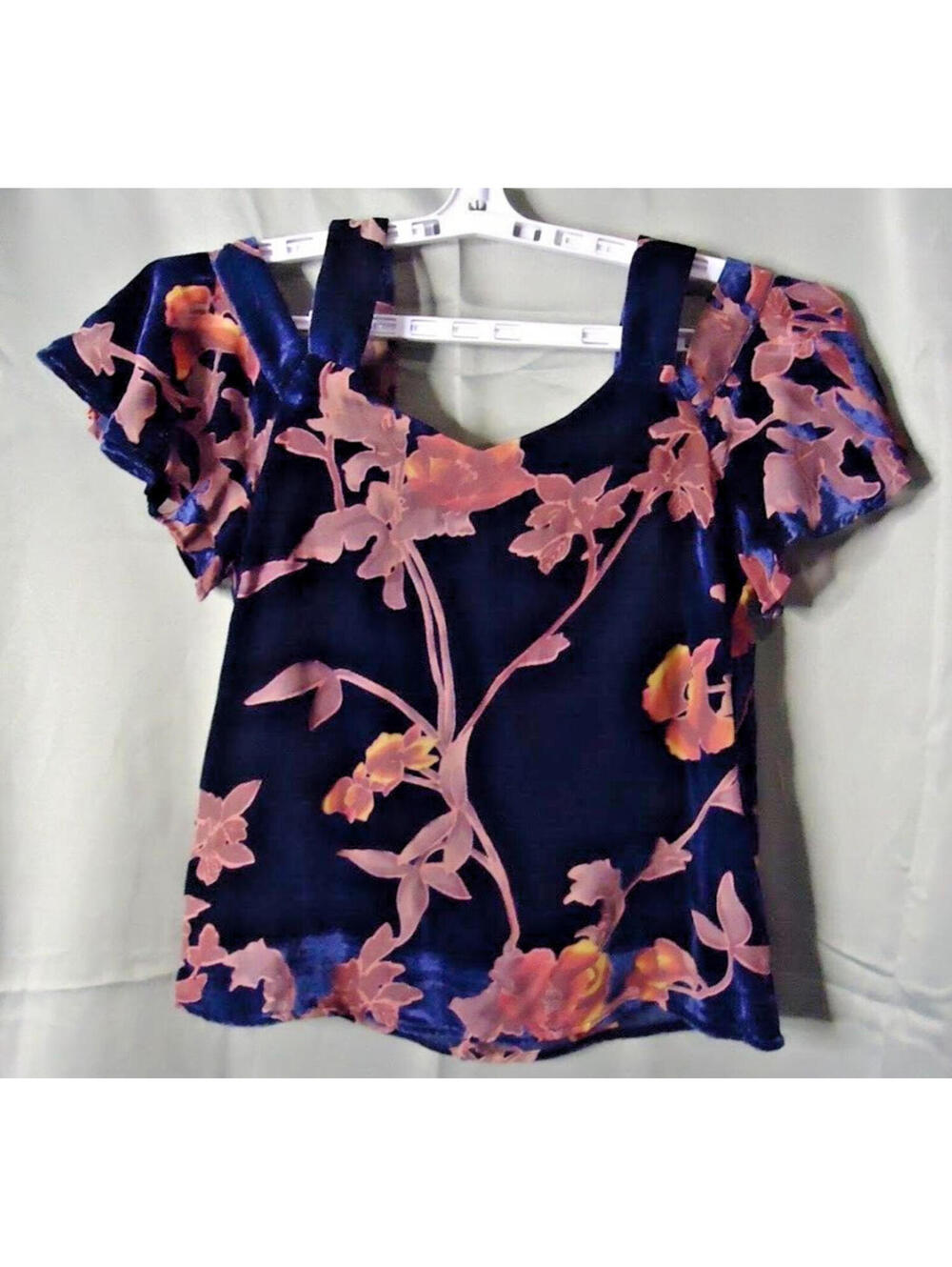 Lucky Brand Crushed Velvet Burn out Floral Cold Shoulder Blouse Med Navy Pink - Picture 2 of 9